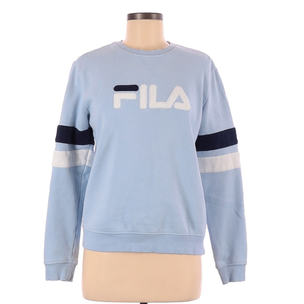 FREE🌟 FILA Women’s Graphic Logo Arm Stripes Long Sleeve Light Blue Sweatshirt